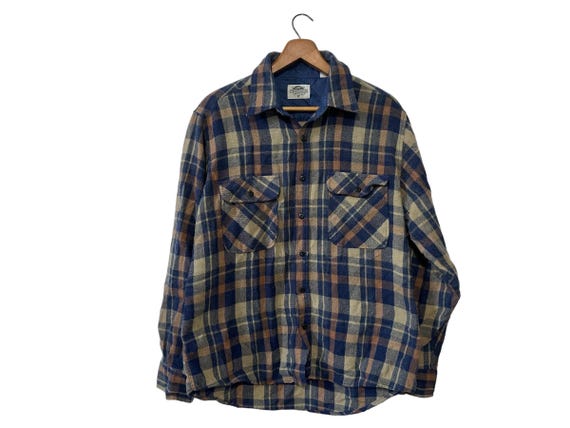 Wool Blend Flannel Shirt Vintage Fieldmaster Mens Brown Beige Navy Blue with Damage