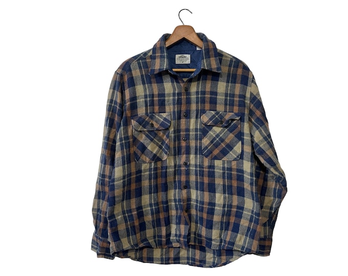 Wool Blend Flannel Shirt Vintage Fieldmaster Mens Brown Beige Navy Blue with Damage