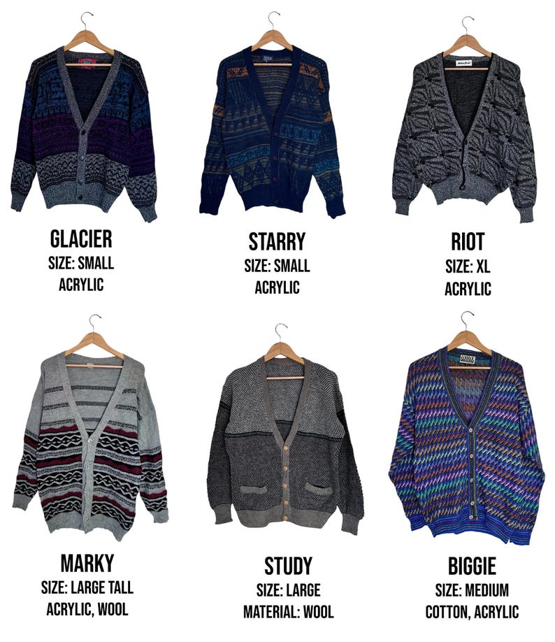 May include: Six vintage acrylic and wool cardigans in various colors and patterns are displayed on wooden hangers. Each cardigan has a unique design, with text labels indicating the style name, size, and material composition. The cardigans range in size from small to extra large.