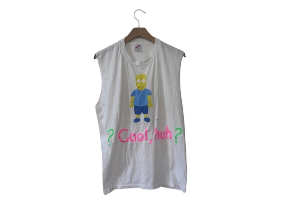 Weird Hand Painted Graphic Muscle Tee Tank Top Cool Huh Bart Simpson Lookalike Cartoon Size Large