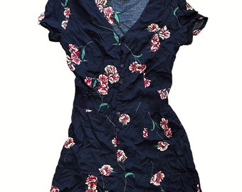 Vintage Floral Jumper Romper Shorts Navy Pink White Flowers Button Front Elastic Waist Shortsleeve Size Medium