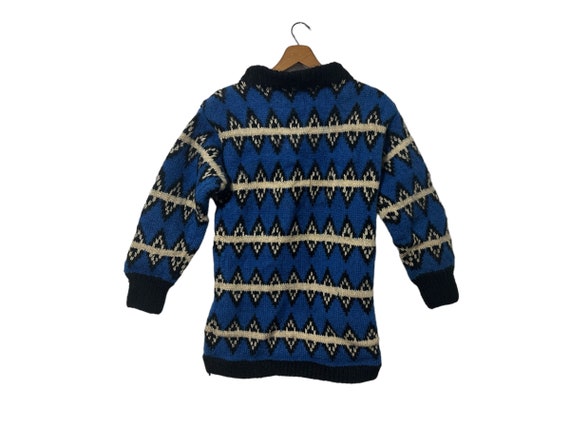 1960s Vintage Handknit Diamond Pattern and Stripe Pullover Sweater Blue Black and White Women's XS X-Small Wool Knit Spinnerin Original