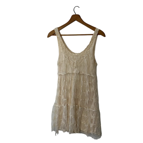 Ivory Embroidered Floral Ivory Lace Layered Mid-Length Tank Dress Scoop Neckline Pullover Drawstring Waist Size Small Medium Short Length