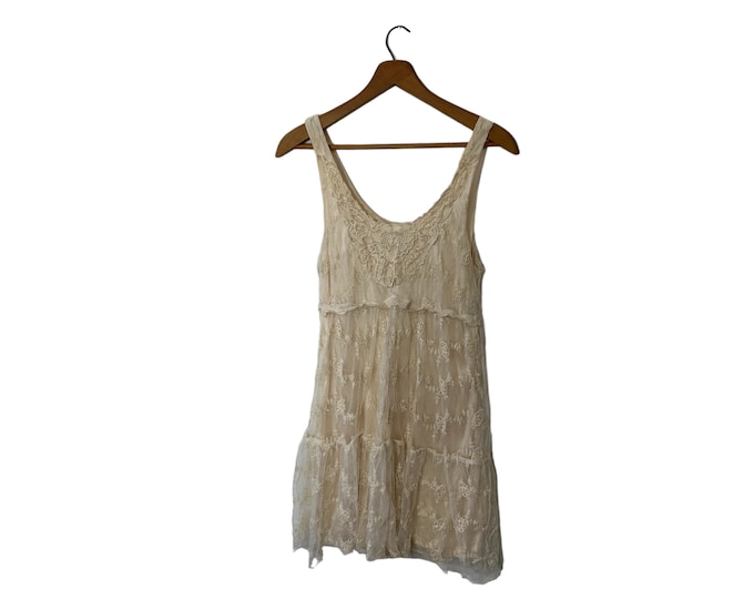 Ivory Embroidered Floral Ivory Lace Layered Mid-Length Tank Dress Scoop Neckline Pullover Drawstring Waist Size Small Medium Short Length