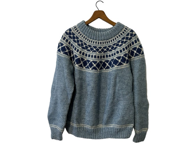 Handmade by June Vintage Fair Isle Hand Knitted Pullover Sweater Light Blue Unisex Large