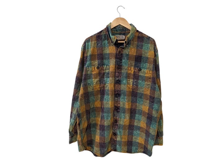 Acid Washed Teal & Gold Duluth Trading Co Relaxed Fit Plaid Flannel Shirt Distressed Plaid Front Pockets Vintage 90s Mens Large