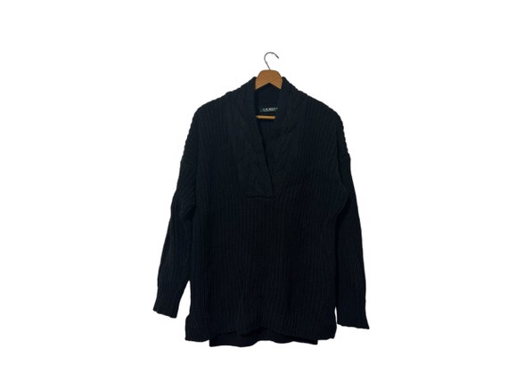 Solid Black Ralph Lauren Women's Shawl Neck Pullover Sweater Ribbed Knit Comfy Cotton Size Large Women
