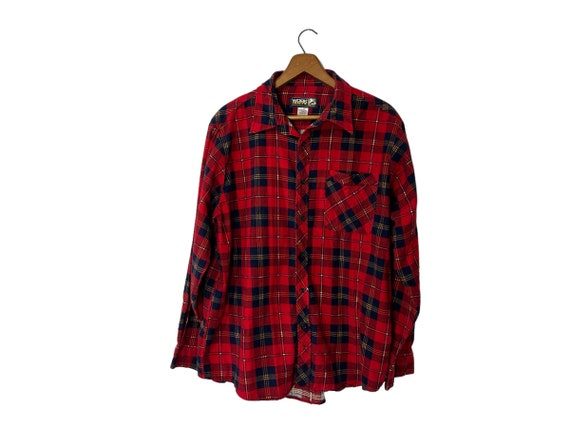 80's Vintage Red Blue Plaid Flannel Shirt Button Down Long Sleeves Pockets One Sided Work Centre Size Large