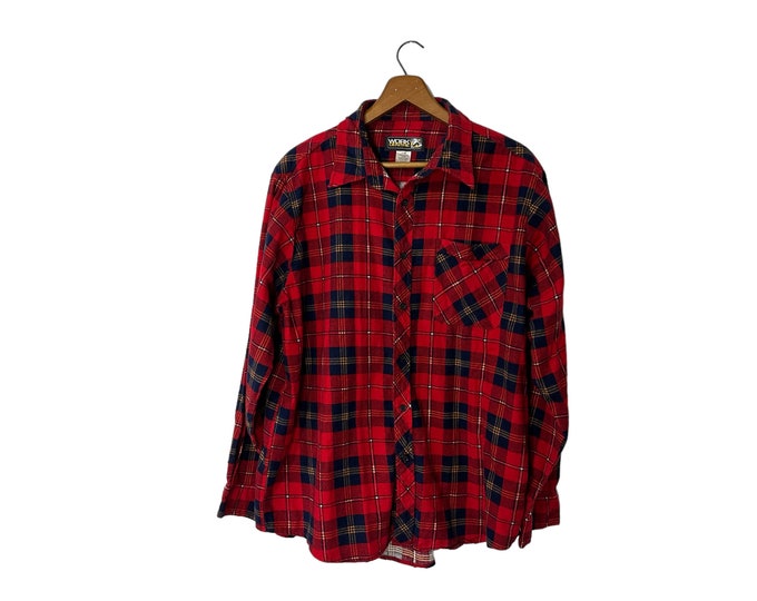 80's Vintage Red Blue Plaid Flannel Shirt Button Down Long Sleeves Pockets One Sided Work Centre Size Large