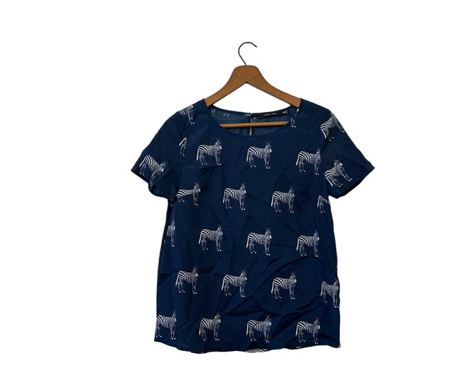 Women's Zebra Print Casual Dress Blouse Navy Blue White Short Sleeve Keyhole Button Back Size Small