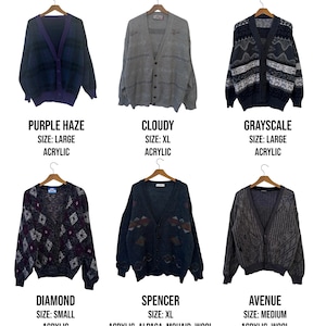 May include: Six vintage acrylic and wool cardigans in various colors and patterns, including a purple plaid, gray with a repeating design, and a navy blue with a geometric pattern. Each cardigan is labeled with a size and style name.