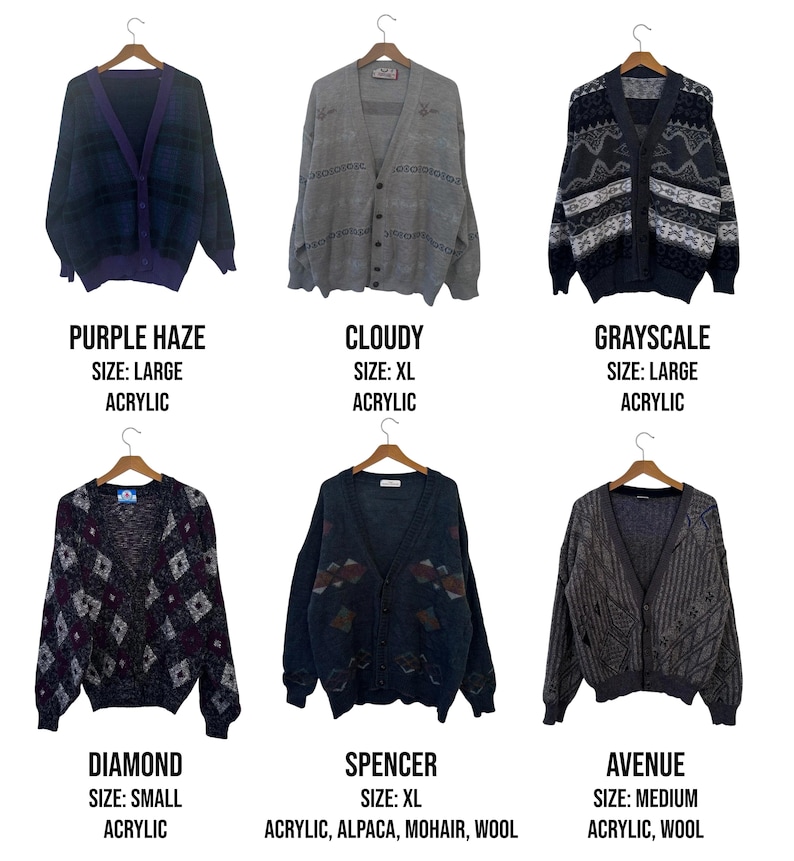May include: Six vintage acrylic and wool cardigans in various colors and patterns, including a purple plaid, gray with a repeating design, and a navy blue with a geometric pattern. Each cardigan is labeled with a size and style name.