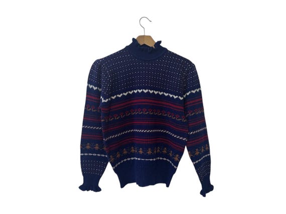 Womens Ruffled Cuff Sweater Navy Blue Red White Brown Fair Isle Pullover Berries Vintage Sweater