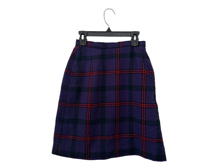 Vintage Miss Pendleton Wool Tartan Plaid Flannel Work Mini Skirt Pockets Purple Red Green Black Women's Size 3 / 4