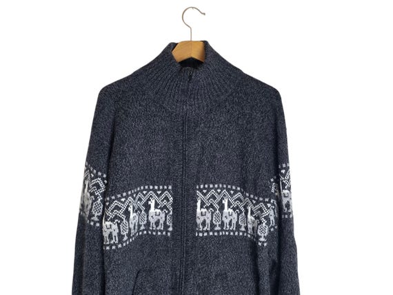 Alpaca Patterned Collared Zip Up Sweater Gray Whi… - image 2