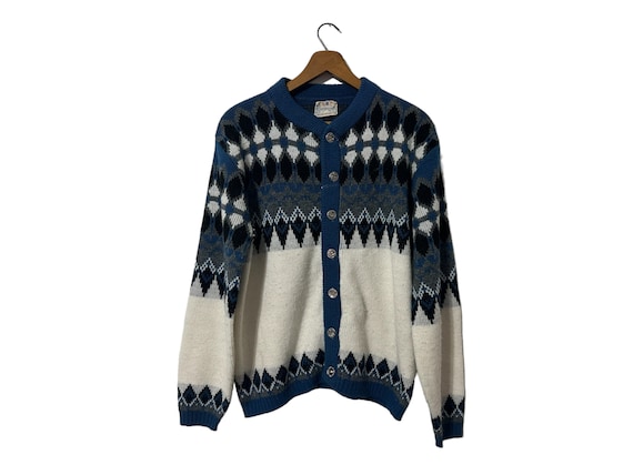 Vintage Nordic Cardigan Sweater White Blue Gray Black Decorative Norwegian Silver Button Down Long Sleeve Womens Size Large
