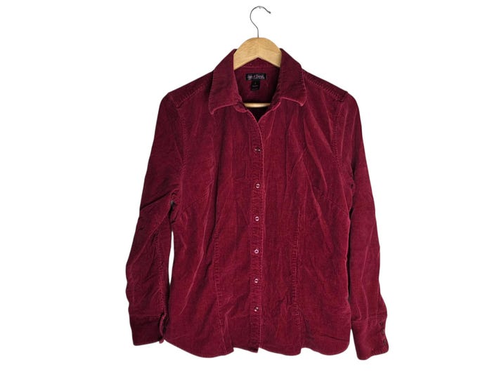 Burgundy Womens Corduroy Shirt Dark Red Fitted Button Up Stretch Long Sleeve Cotton/Spandex Size Large
