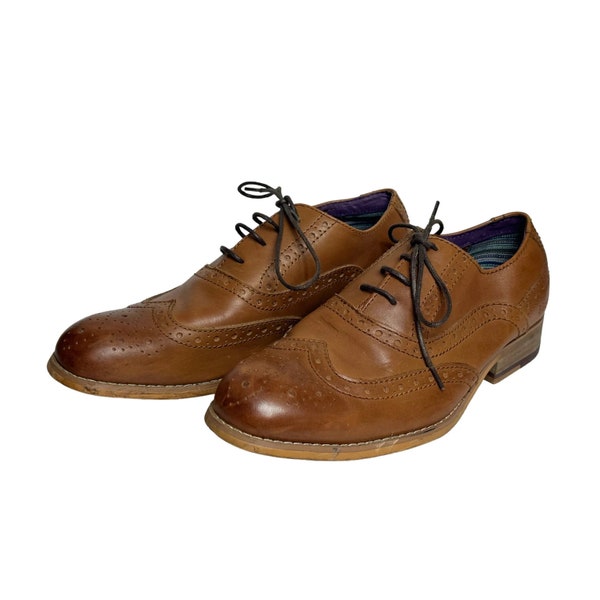 Men's Leather Firetrap Spencer Brogue Oxford Wingtip Dress Work Shoes Lace Tie Cognac Brown Size 6.5 US Men