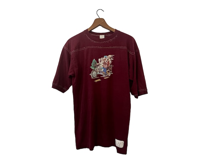 70s 80s Vintage Popeye the Sailor Man Olive Oil Riding Motorcycle Cartoon Glitter Graphic Burgundy Half Sleeve T-Shirt Adult Large