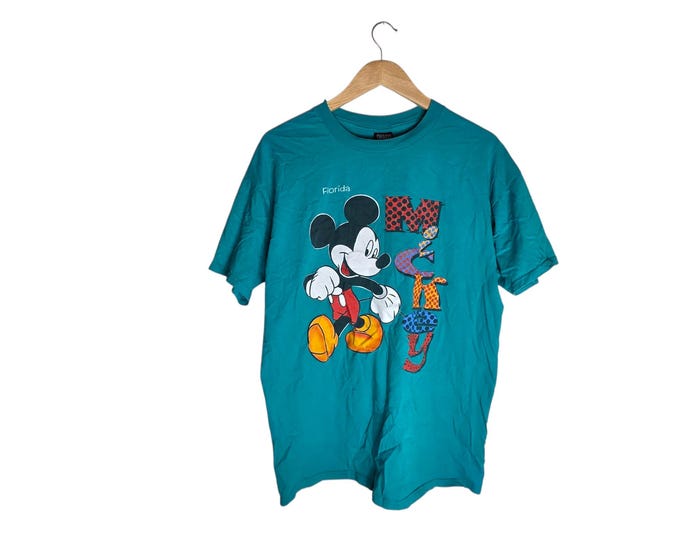 Vintage Mickey Mouse Florida T Shirt, Disney Souvenir Pop Art Graphic Tee, Teal Multi Color Polka Dot Letters Made in USA Unisex Large