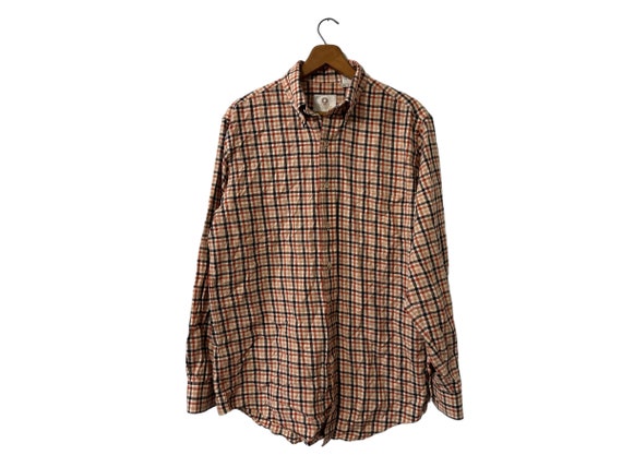 Fall Colors Rust Orange Checked Plaid Vintage Flannel Shirt Button Down Long Sleeve Cotton Wool Viyella Size Medium