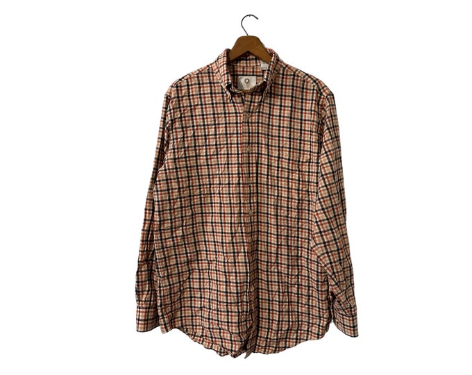 Fall Colors Rust Orange Checked Plaid Vintage Flannel Shirt Button Down Long Sleeve Cotton Wool Viyella Size Medium