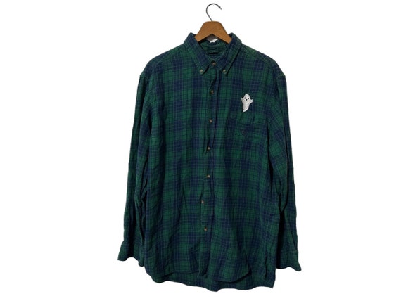 Ghostly Flannel Blue & Green Plaid Cute Ghost Embroidery Size Large Brushed Flannel Shirt