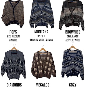May include: Six vintage cardigans on wooden hangers. The cardigans are in various colors and patterns, including argyle, geometric, and tribal designs. Each cardigan has a size and material description. The text on the image includes the names: Pops, Montana, Brownies, Diamonds, Megalos, and Cozy.