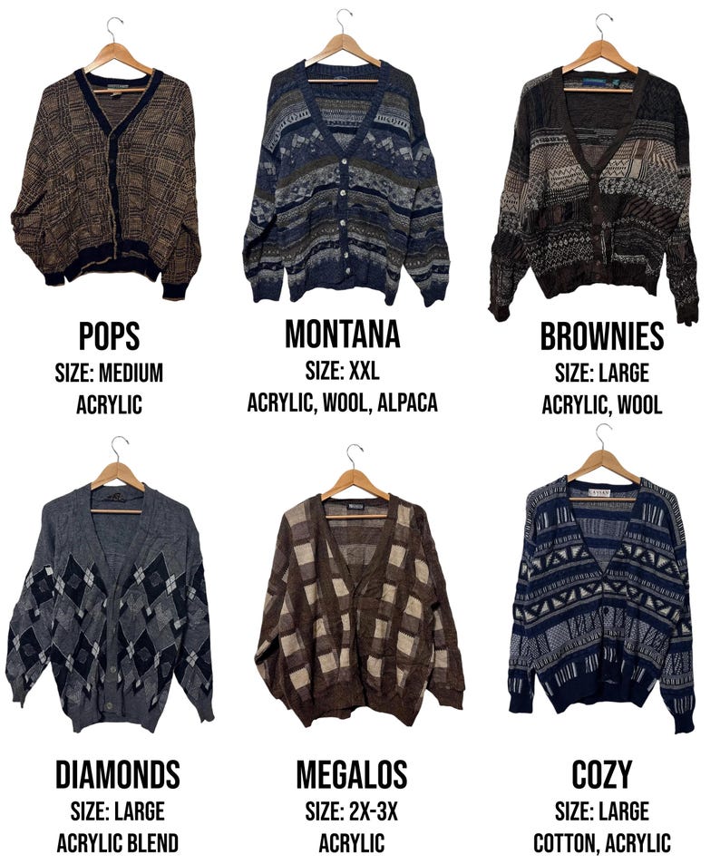 May include: Six vintage cardigans on wooden hangers. The cardigans are in various colors and patterns, including argyle, geometric, and tribal designs. Each cardigan has a size and material description. The text on the image includes the names: Pops, Montana, Brownies, Diamonds, Megalos, and Cozy.