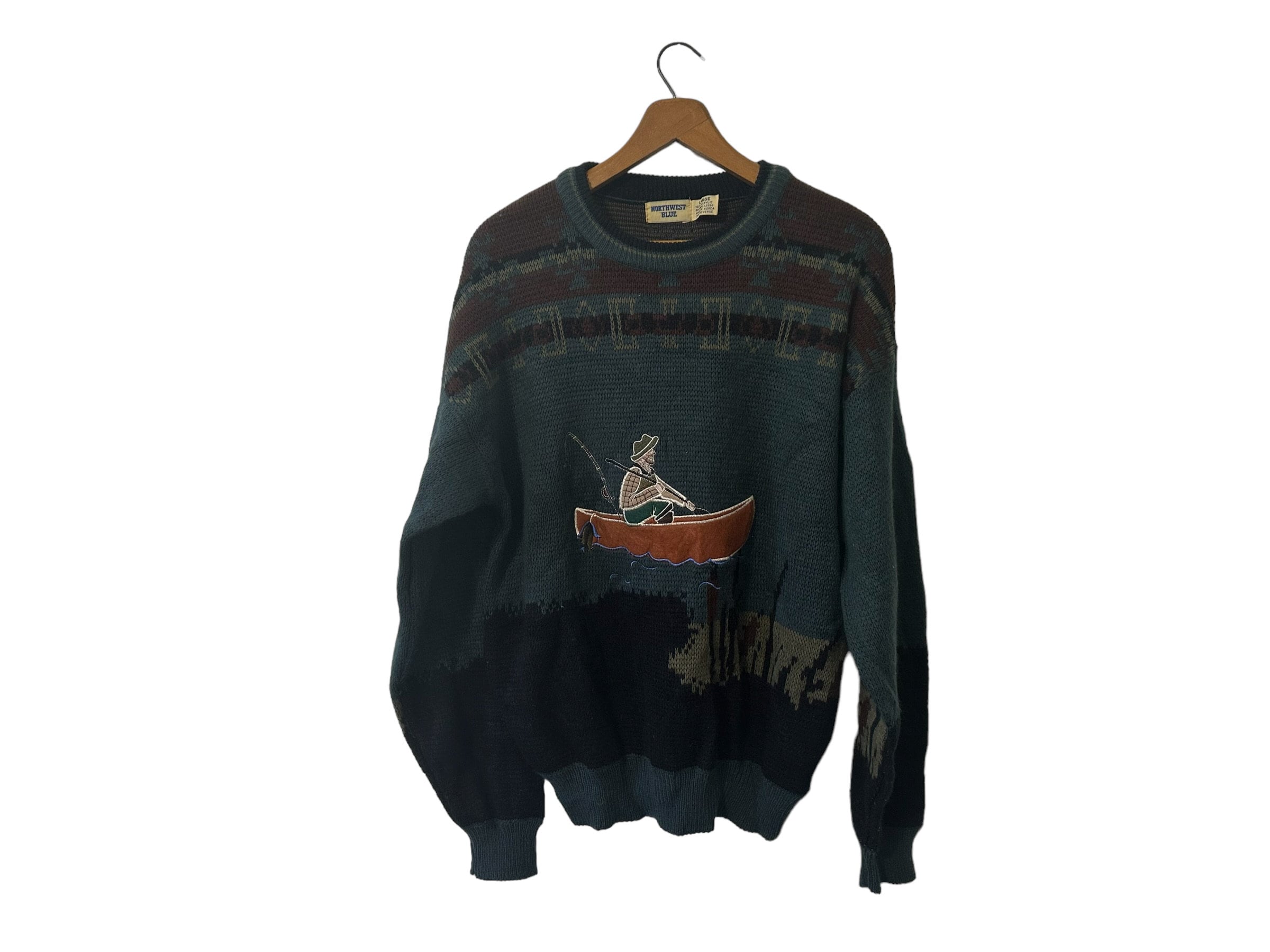 90s Fishing Sweater Northwest Blue Man in Boat Fisherman Vintage Pullover  Sweater Teal Black Gray Brown Men's Large 