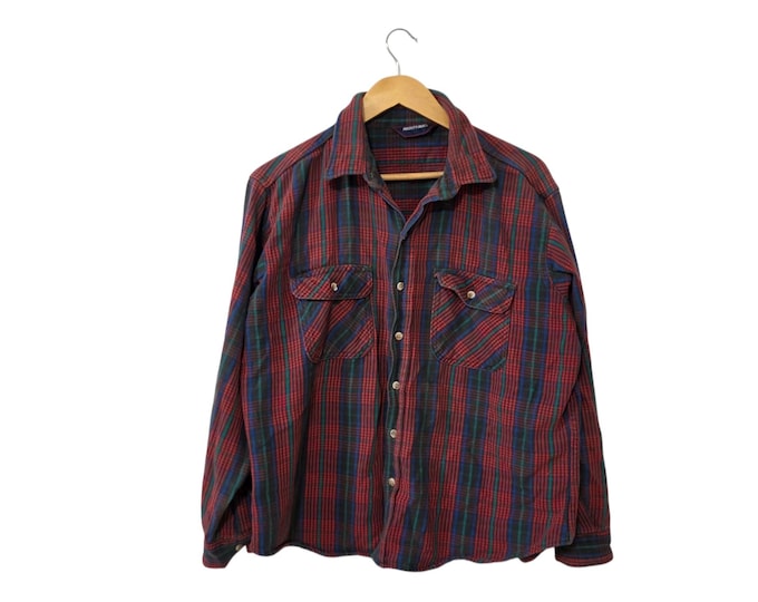 Vintage 70s 80s Mighty Mac Plaid Flannel Shirt Red Green Blue Black Thick Long Sleeve 2 Pocket Grunge Workwear Casual Size XL