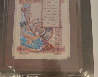 Vintage Bucilla Counted Cross Stitch Kit-"Walk In My Moccasins" Designed by Nancy Rossi For The Kooler Design Studio 1997 New and Sealed