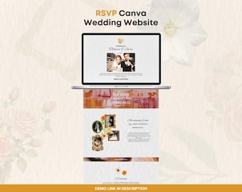 Wedding Invitation Wedding Website Canva Template with Save The Date RSVP function for Bride and Groom | Golden Frame & Flower