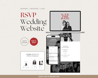 Wedding Invitation Wedding Website Canva Template with Save The Date RSVP function for Bride and Groom | Minimal Modern Elegant
