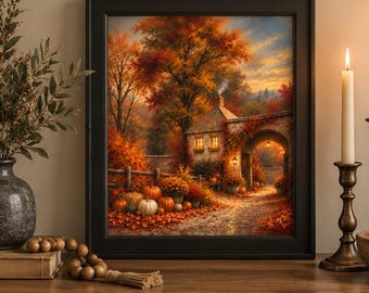May include: A framed wall art print depicting an autumn landscape with a stone cottage, a stone archway, and a path covered in fallen orange leaves. The scene features pumpkins, vibrant fall foliage, and a chimney with smoke rising into the sky.
