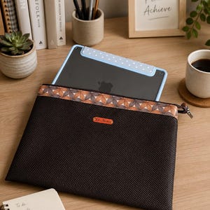 Brown PVC Mesh Tablet Sleeve, Floral Trim, Zippered Document Organizer, 11.8 x 9.4 in