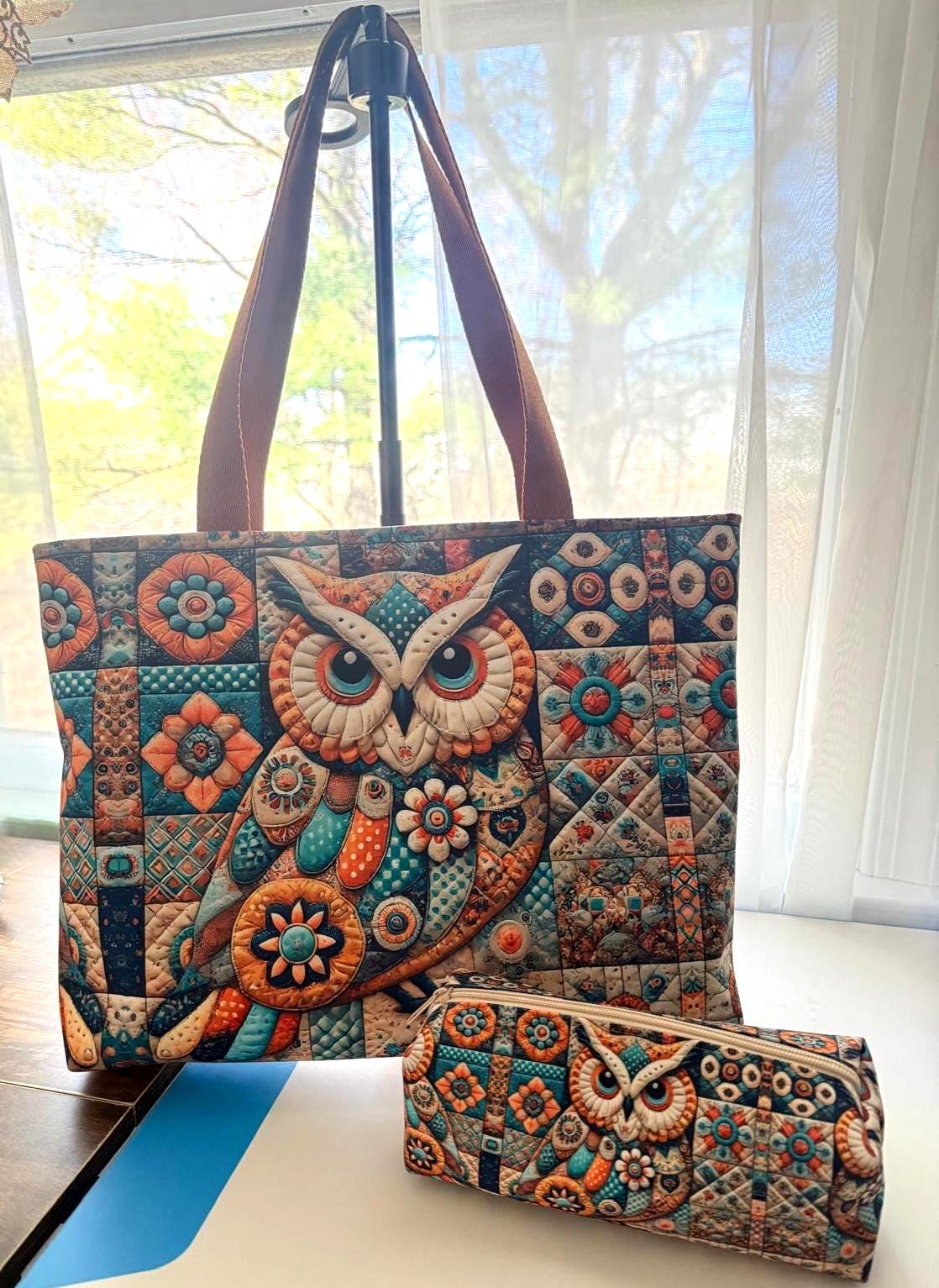 Handmade Artistic Owl Tote & Matching Pouch , High-Definition Dye-Sublimated Fabric, Multi-use M