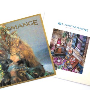 May include: Two Blancmange music album covers. The left cover features a golden border and an abstract illustration with the text Blancmange and waves. The right cover is white with the text Blancmange and an illustration of a cluttered room.