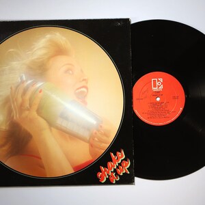 May include: A vinyl record album titled Shake It Up by The Cars. The square cardboard sleeve features a circular cutout showing a person holding a cocktail shaker. The black vinyl disc has a round orange center label with black text and track listings.