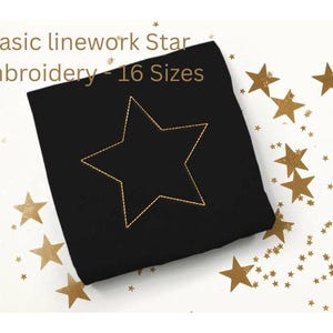 May include: A black square with a gold star outline, with the text "Basic linework Star Embroidery - 16 Sizes". Gold star decorations are scattered on a white background.