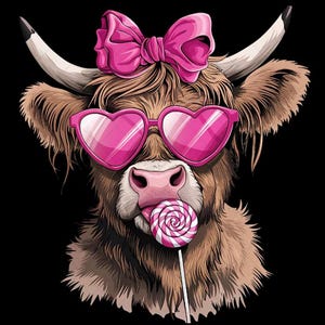 Highland Cow With Lollipop, pink Coquette Cow,Pink Bow T-Shirt Sublimation Design, Cute Retro Valentine Heart Day Shirt PNG