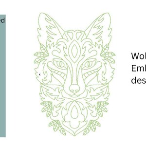 May include: An embroidery design of a wolf's head, featuring intricate floral and geometric patterns. The design is outlined in a light green color. Text on the right reads "Wolf Head Embroidery design." A list of included file types is on the left.