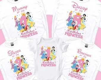 May include: White t-shirts and a onesie with princess-themed graphics. The shirts have text that says "Mummy", "Daddy", "Sister", and "Brother" with a number and the words "Birthday Princess". The onesie says "Birthday Princess" with the number 1.