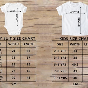 May include: White baby bodysuit and t-shirt with size charts. The charts display measurements in centimeters for bodysuits and kids' shirts, including width and length for various age ranges, from 0-3 months to 9-11 years.