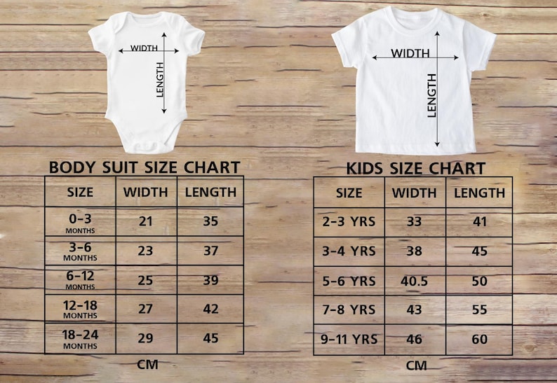 May include: White baby bodysuit and t-shirt with size charts. The charts display measurements in centimeters for bodysuits and kids' shirts, including width and length for various age ranges, from 0-3 months to 9-11 years.