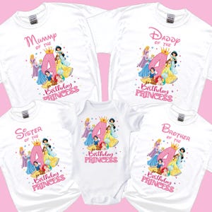 May include: A collection of white t-shirts and a babygrow with a princess theme. Each garment displays a pink number 4, princess illustrations, and the words "Mummy", "Daddy", "Sister", and "Brother" above "Birthday Princess".