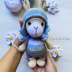 May include: A crocheted stuffed animal featuring a beige body, a light blue hat with pom-poms, a blue and white striped shirt, and dark gray pants. The toy has black eyes and a stitched nose. The text Cro Lilis Chet is visible on the right side.