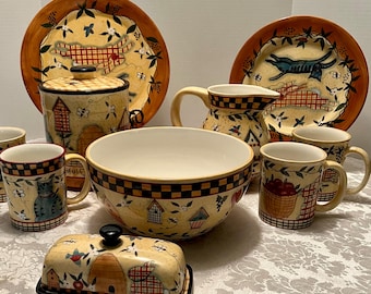 Vintage Lang Earthenware Platter Set: Cat & Bunny Design by Susan Winget
