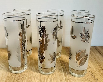 6 Vintage Libbey Silver Leaf Foliage Tall Tom Collins Tumbler Glasses