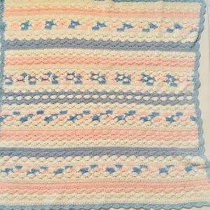 Hand Crochet Sampler baby blanket blue white pink shell butterfly box stitches scallop edges 36 inch
